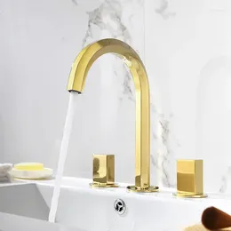 Bathroom Sink Faucets Luxury Gold Brass Faucet Top Quality Artistic Two Handle Three Holes Cold Water Basin Mixer Tap