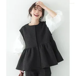 Women's Vests Women Cotton Vest Japan Korea 2023 Autumn Winter Ruffle Edge Fashion Casual Splice Black Warm Down Coat Wear