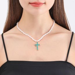 Chains Simple Woven Small Imitation Pearl Necklace For Women's Colourful Crystal Cross Pendant Sweater Chain