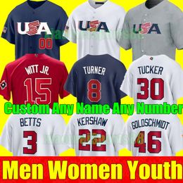 2023 Custom S-4XL Team USA Baseball Jerseys Mike Trout Bobby Witt Jr. Nolan Arenado Nestor Cortes Clayton Kershaw Realmuto Betts Tucker Alonso Anderson Männer Frauen Jugend