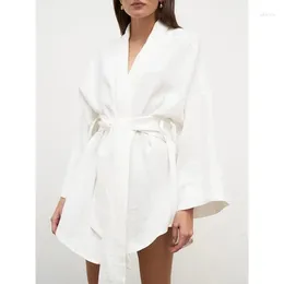 Women's Sleepwear 2023 Kimono Robe Dress Woman Linen Cotton Loose Wrape Summer With Sashes Casual Long Sleeves Lady