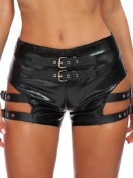 Women's Shorts Sexy Gothic Punk Dance Women Shiny Metal Buckle Pants Metallic Cut Out Bandage Black Leather