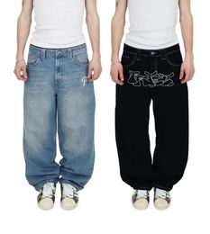 Men's Jeans loose casual wide-leg pants street retro hip-hop printed jeans personality trend fashion black high waist jeans Y2k men 231109