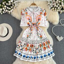 2023 Casual Dresses Designer Runway Summer Mini Dress Women's Bow Tie O-Neck Short Sleeve Lace Trims Gorgeous Dots Printed Drawstring Dress