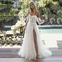 Party Dresses Soft Tul Lace Boho Wedding Dress Rovab Long Seves Bride Dress 2021 High Slit Pats Beach Wedding Party Gowns Princess 0408H23