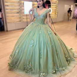 Sage Green V-Neck Quinceanera Dresses Applique Beads Ball Gown Birthday Party Dress Lace Up Graduation Gown vestidos de 15