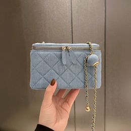 Italy Womens Designer Blue Denim Vanity Box Bags Classic Quilted Crush Ball Gold Metal Hardware Matelasse Chain Crossbody Shoulder Handbag Cosmetic Case Purse 18CM