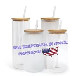 2 days delivery US Warehouse 16oz Sublimation Glass Beer Mugs with Bamboo Lid Straw DIY Blanks Frosted Clear Can Shaped Tumblers Cups Heat Transfer Cocktail tt0408