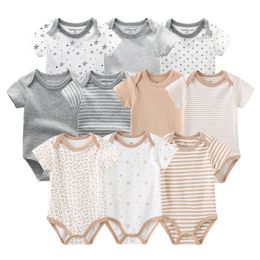 Rompers Unisex Solid Colour 5Piece Baby Girls' Clothing Cotton Neonatal Bodysuit Cartoon Print Baby Boys' Clothing Set Summer Baby 230407