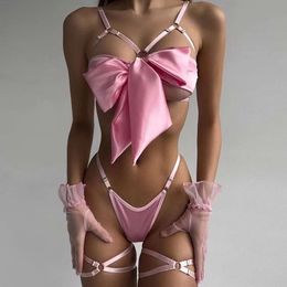 Sexy Costume European and American New Hot Selling Fun Underwear Exquisite Bow Hollow Sexy Three Piece Set with Steel Rings