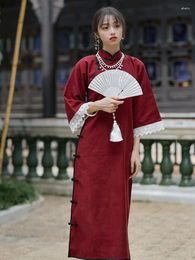 Ethnic Clothing 2023 Chinese Traditional Vintage Qipao Dress Oriental Cheongsam Women Loose Lace Red