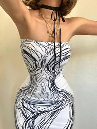 Casual Dresses Sexy Strapless Backless Dress Y2k White Bodycon Asymmetric Print Mid Length Streetwear Women's Party Club Evening