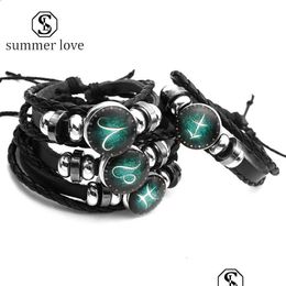 Chain 12 Constellation Luminous Leather Rope Bracelet Zodiac Signs Animals Sier Plated Glass Adjustable Fashion Jewerly Gi Dhrgu