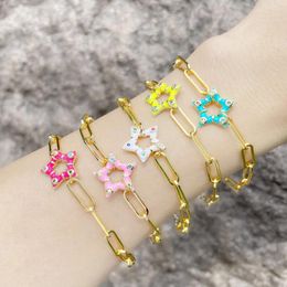 Link Bracelets Y2K Colourful Pentagram Star Charm Bracelet With Pave CZ Zirconia 18K Gold Palted Paperclip Chain For Teens Jewellery