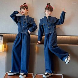 Clothing Sets 2023 Spring Autumn Girls' Denim Single Breasted Coat Wide-leg Pants Two Pieces Causal Korean Fashionable 4-12 Years Old