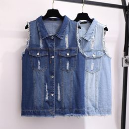 Women's Vests 2XL-6XL Women's Loose denim Tank Top Vintage Hole Pocket Sleeveless Jeans Jacket Women's Summer Jeans Waist Coat Y349 230408