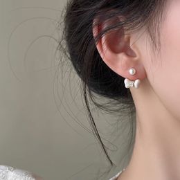 AFSHOR Cute Temperament Simple Pearl Ear Stud For Women Advanced Sense Small Bead Shiny Crystal Bow Knot Delicate Earrings Jewelry Female Costume Accessories