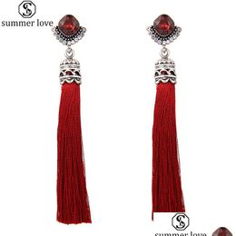 Dangle Chandelier High Quality Rhombus Crystal Earrings Boho Red Green Thread Vintage Tassel Drop For Women Fashion Dh2Rj