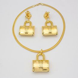 Necklace Earrings Set Dubai Gold Plated Jewellery Bag Pattern Drop Pendant Sets For Weddings Bride Nigerian Accessory With Chain