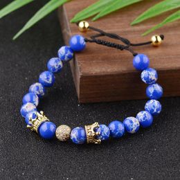 Strand High Quality Natural Stone Beads Bracelet Red Turquoises Emperor Jewelry Zircon Gold Color Crown Bracelets For Men Women