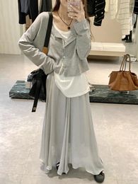 Work Dresses Korean Style Two Piece Set Women Autumn Thin Knit Sunscreen Cardigan Jacket And High Waist Loose Skirt Sets 2 Outfits