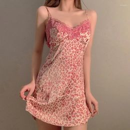 Women's Sleepwear Leopard Print Powder Sexy Lace Sleepdress Sleeveless Mini Dress Nightgown Big Size Summer Women Nightdress Silk Home