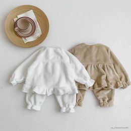 Pajamas Korean Ins Autumn Winter Baby Girls 2PCS Clothes Set Flannel Lace Solid Long Sleeve Tops Pants Suit Toddler Girls Sleepwears R231108