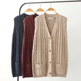 Women's Vests Autumn V-Neck Single-breasted Plus Size Loose Waistcoat Female Long Knitted Vest Sweater Veste Femme Winter Coat