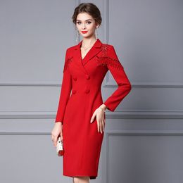 Casual Dresses Red Dress Women's Fashion Long Sleeve Set Collar Beaded Tassel Wrap Hip Dress Spring and Autumn Elegant Evening Dress 230408