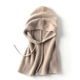 Beanie/Skull Caps 100%Pure Cashmere Knitted Drawstring Beanies Winter Warm Ear Face Protect Balaclava Hooded Hat Scarf Versatile Pullover Skullies 231108