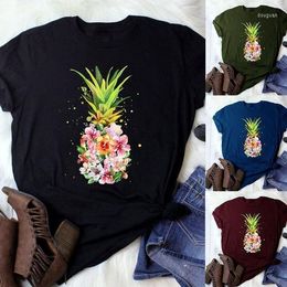 Women's T Shirts Creative Design Flower Pineapple Print Tee Short Sleeve Kawaii T-shirt Women Shirt Summer Cotton Graphic Tees Female Tops