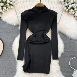Casual Dresses Spring And Autumn Spice Girl Small Long-sleeved Stand-up Collar Waist Tight Show Thin Slit Buttock Dress