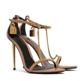 With Box Summer Prefect FORD Gold Chain Link Sandals Shoes Padlock Pointy Naked Womens Luxury Designer Lady High-heeled Party Wedding Gladiator Sandalias Shoe