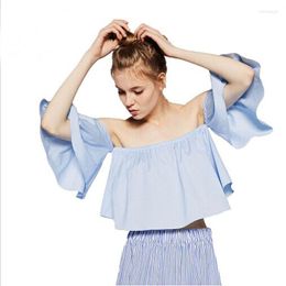 Women's Blouses Fashion Casual Loose Solid Women Flare Sleeve Tank Tops Off Shoulder Shirt Crop Top Cropped Summer Pullover Clothes