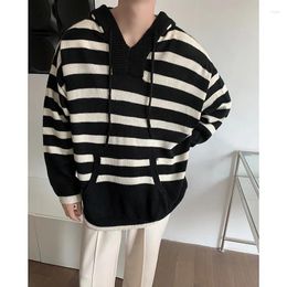 Men's Sweaters Winter Hooded Sweater Men Warm Fashion Retro Knit Pullover Oversized Korean Loose Striped Mens Jumper Clothes M-2XL