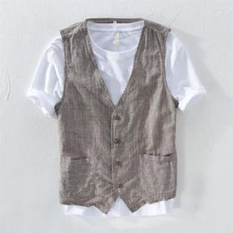 Men's Vests Mans Vintage Linen Suit Vest Slim Material 55%linen 45%cotton Male Casual Striped Thin Waistcoat Asian Size M-3XL217e