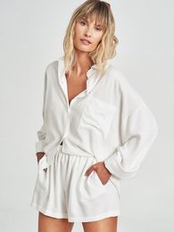 Women's Sleepwear Hiloc Solid Color Set Women's 2-Piece Pocket Pajama Set with Short Sleeve Lapel Loose fitting Pajamas Women's Single Chest Family Set 230408