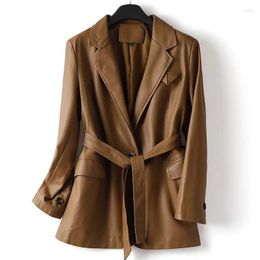 Women's Suits Designer PU Leather Blazer Jacket Women Long Sleeve V Neck With Belt Lady Slim Blazers Coat