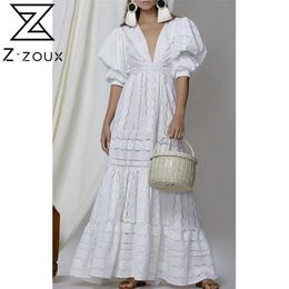 Women Dress Elegant White Lace Deep V Neck Puff Sleeve Vintage High Waisted Hollow Out Maxi es 210524296K