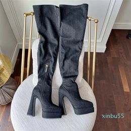 Cowskin Fashion knee-high boots side zip shoes pointed Toe 150mm heel tall boot fashion platform Thigh-High Booties luxury designers shoe for women