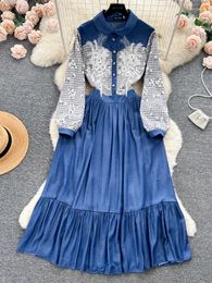 Casual Dresses FTLZZ Autumn Winter Women Lapel Button Ruffled Midi Dress Lady Lace Mesh Patchwork Denim Vintage A-line