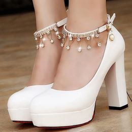 Dress Shoes Rimocy Crystal Ankle Strap Pumps Women Chunky Platform Super High Heels Shoes Woman Autumn Thick Heeled Party Wedding Shoes 231108