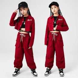 Clothing Sets Red Shirts Cargo Pants Kpop Outfits For Girls Ballroom Hip Hop Dance Festival Costumes Children Jazz