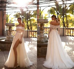 Shiny Sequiend Off The Shoulder A Line Wedding Dresses With Detachable Wrap Sexy Thigh Split Corset Back Fashion Bridal Gowns Tulle Train Reception Dress CL2894