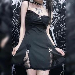 Casual Dresses E-girl Gothic Aesthetic Black Mini Dress Fashion Streetwear Cute Sweet Girl Lace Trim Sleeveless V Neck With Bow