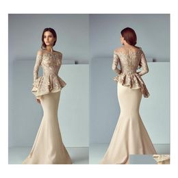 Arts And Crafts Dubai Arabic Champagne Lace Stain Peplum Mermaid Mother Of The Bride Dresses Long Sheer Neck Sleeve Elegant Evening Dhacs