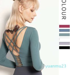 Yoga Top Sexy Cross Back Slim Belt Fiess Suit Women's Tight Sports T-shirt with Chest Pad Bra Nude Running Casual Gym Shirt Long Sleeve