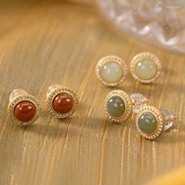 Stud Earrings Fashion 925 Sterling Silver Plated Gold Nephrite Jade For Women Fine S925 Jewellery Temperament Gift