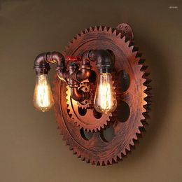 Wall Lamp Industry Wood Loft Gear Wheel Light Fixture Living Room Bar Bathroom Restaurant Cafe Wooden Sconce