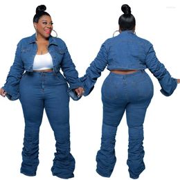 Women's Two Piece Pants Stacked Women Denim Sets 2023 Autumn Streetwear Plus Size Single-breasted Jackets High Waist Jeans Outfits